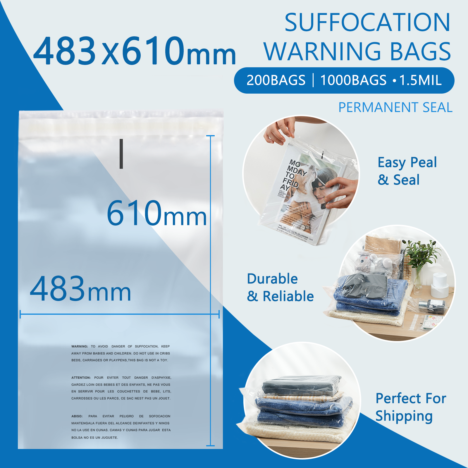 Self Seal Poly Bag 483mm x 610mm Suffocation Warning for Amazon FBA