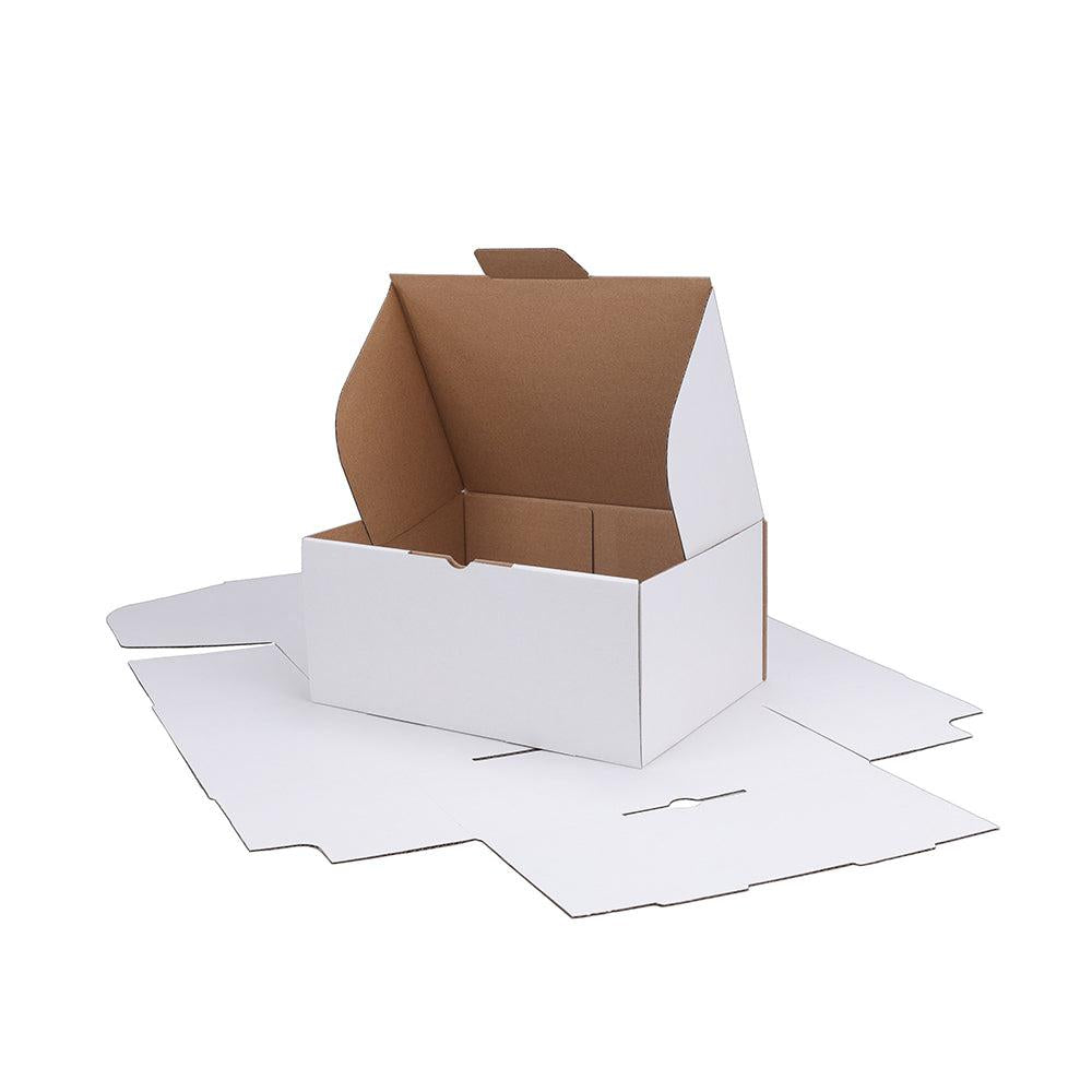 A white A5 sized diecut folding box with a brown inside, displayed flat with its flaps open.