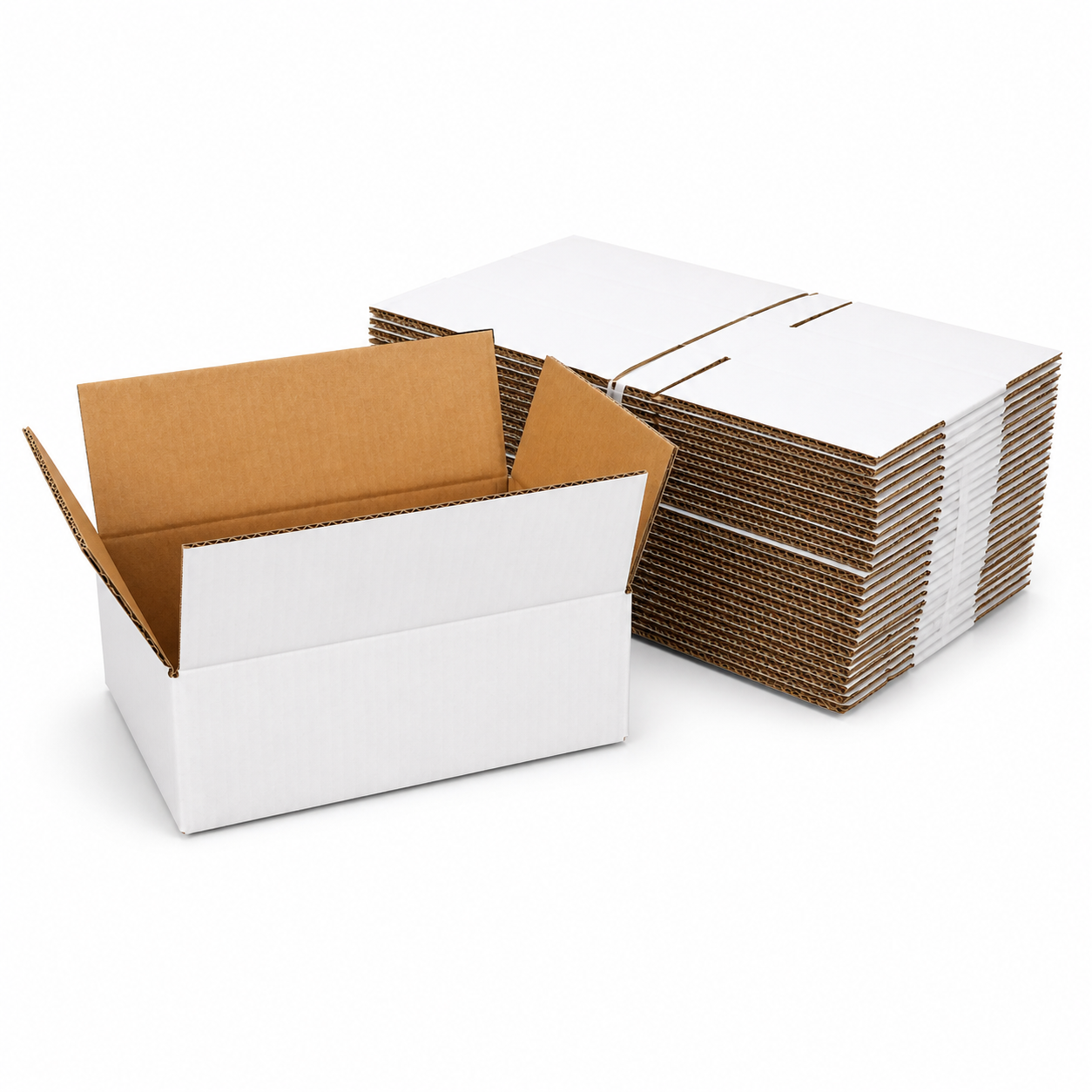 A stack of white and brown corrugated cardboard boxes 310x230x110mm, with one open white box in the foreground and a bundled stack of folded cardboard boxes behind it on a clean white background.