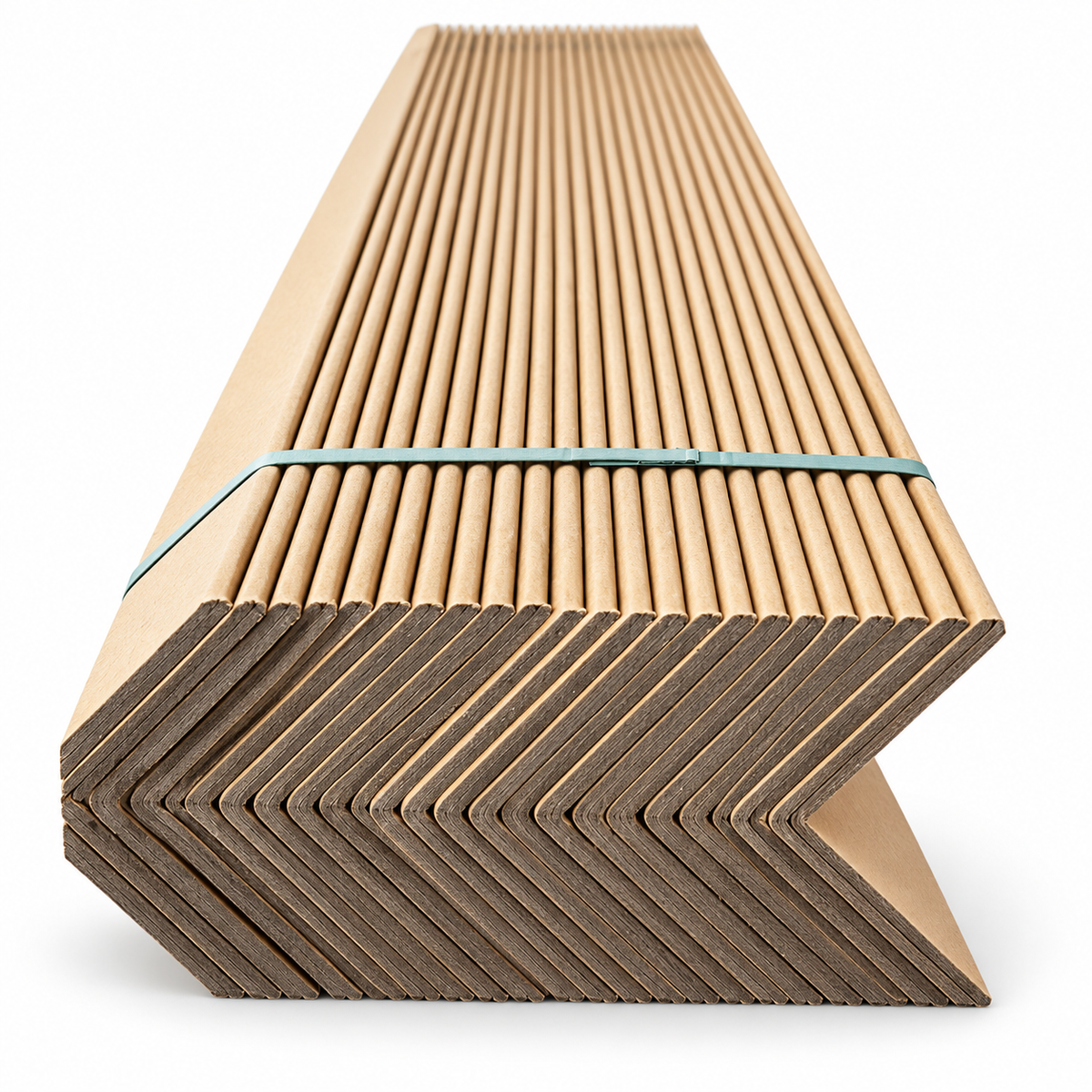 A stack of light natural wood angle profiles or rails bound together with a thin blue-green rubber band, photographed on a clean white background.