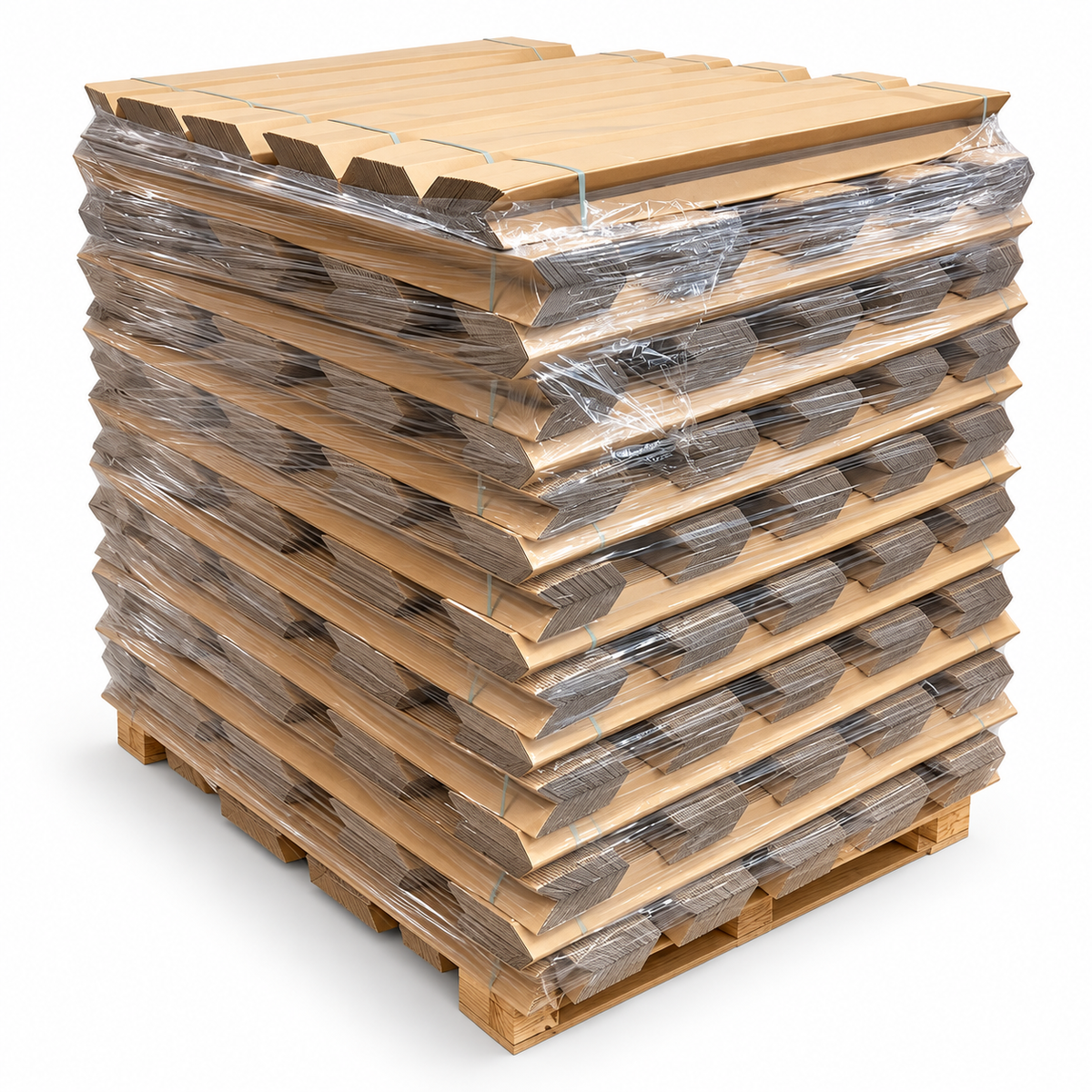 A stacked pallet of corrugated cardboard boxes wrapped in clear plastic stretch film, shown on a light gray studio background.