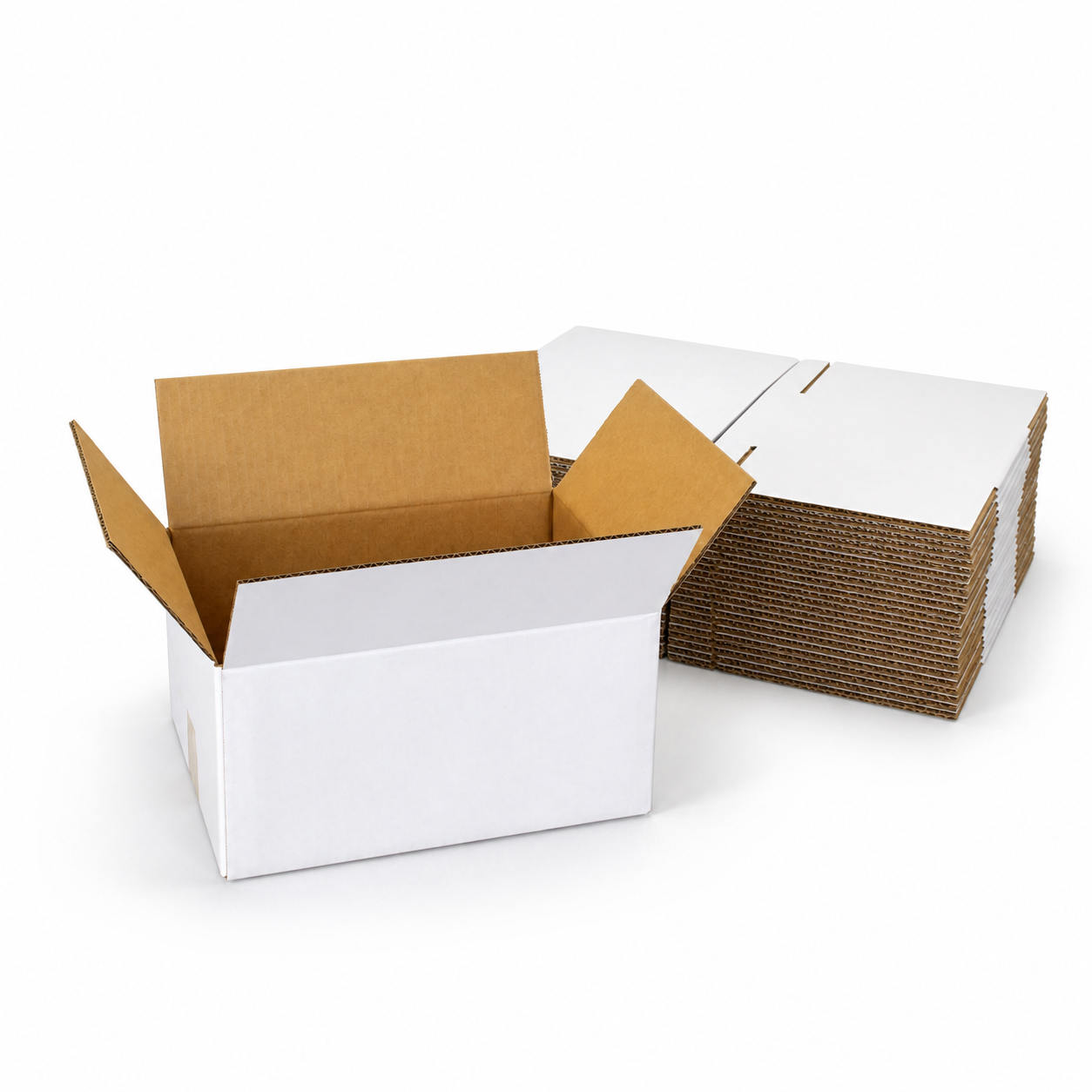 A stack of white and brown corrugated cardboard shipping boxes 320x240x160mm PLUS on a clean white background, with one open box in the foreground showing its interior.