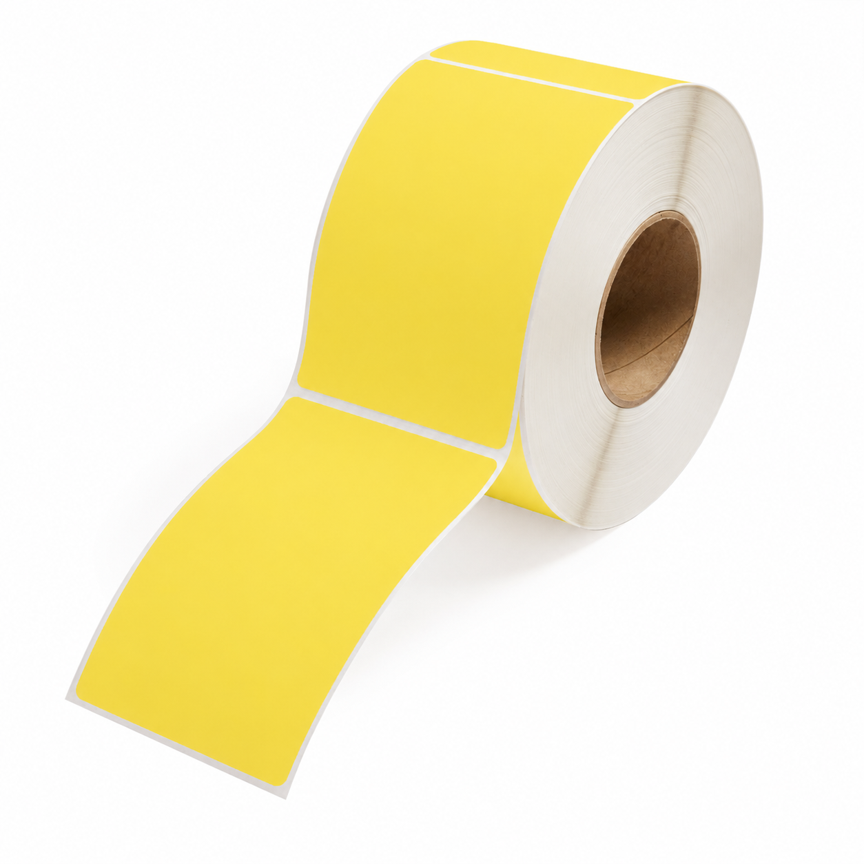 A roll of bright yellow adhesive labels with white backing strips, partially unrolled on a clean white background.
