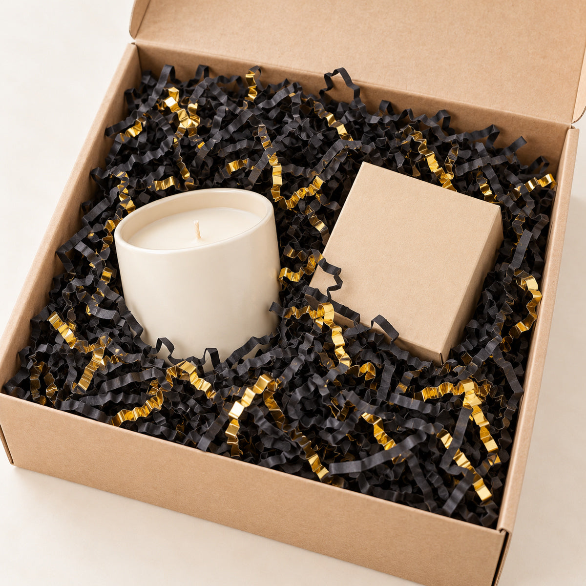 Black and Gold Mix shredded paper filler - gift scene