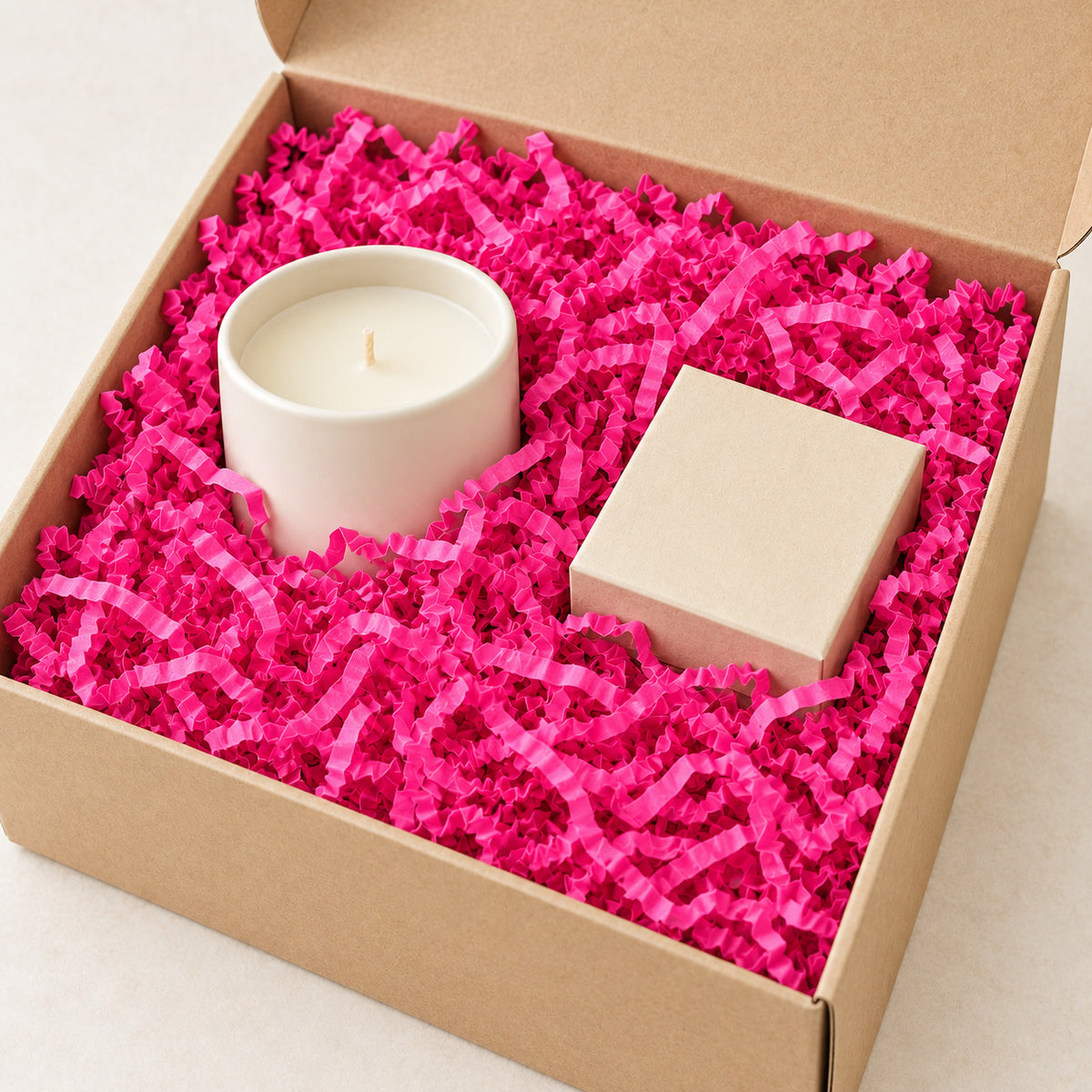 Hot Pink shredded paper filler - gift scene