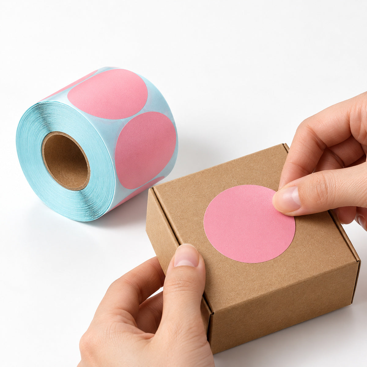 Direct Thermal Label 50 x 50mm 750 Pink Labels per Roll A258 x 4 Rolls - application scene
