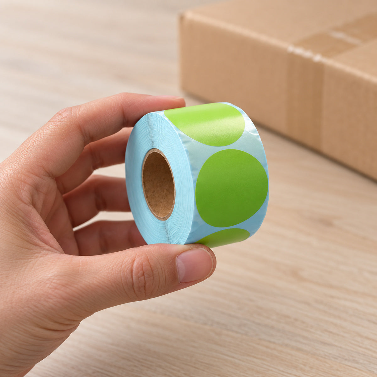 Round Direct Thermal Label 50 x 50mm 750 Green Labels per Roll A260 x 16 Rolls - handling scene