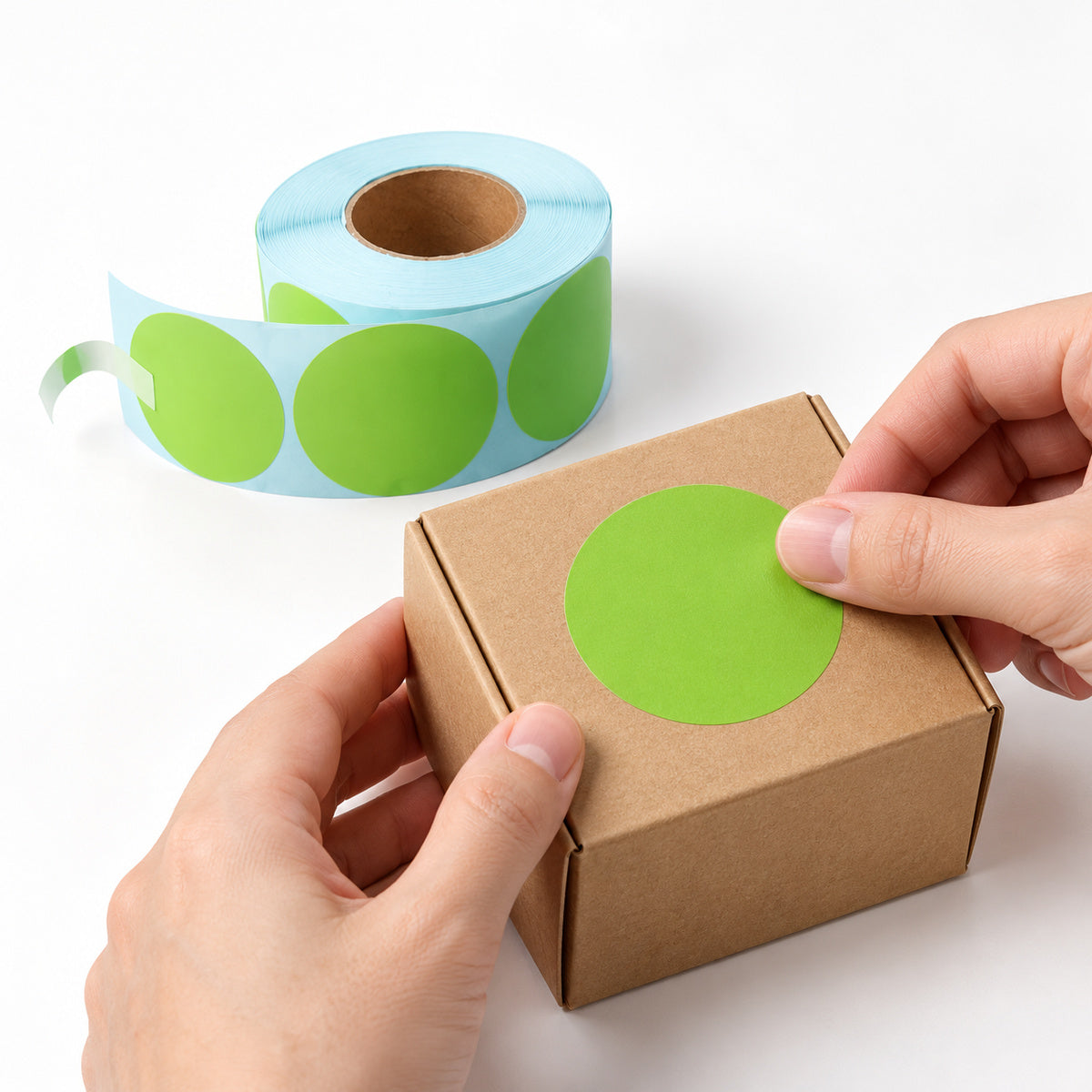 Round Direct Thermal Label 50 x 50mm 750 Green Labels per Roll A260 x 16 Rolls - application scene