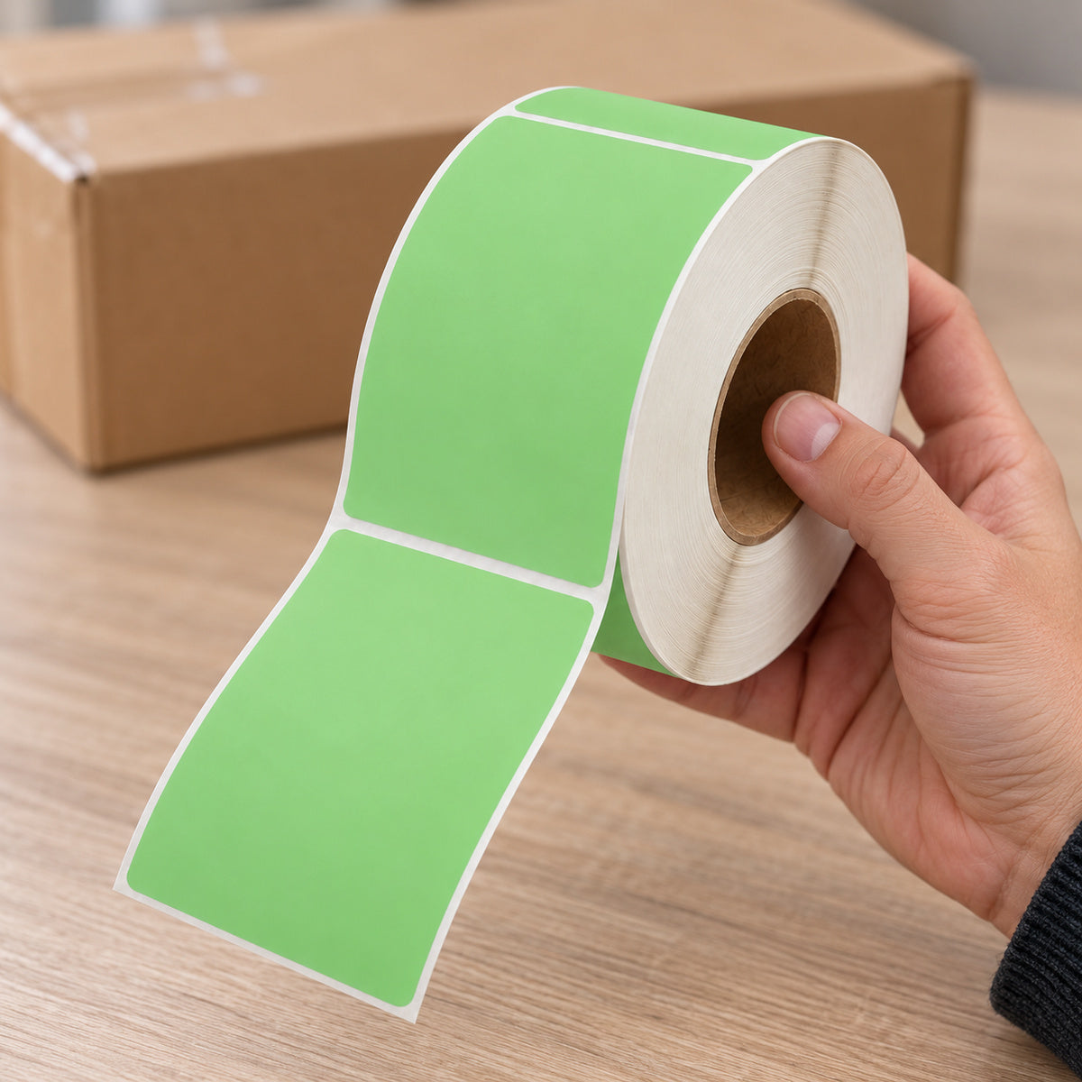 Light Green Direct Thermal Labels 100 x 150mm 4-Pack (76mm Core / 4000 Labels - A281) - handling scene