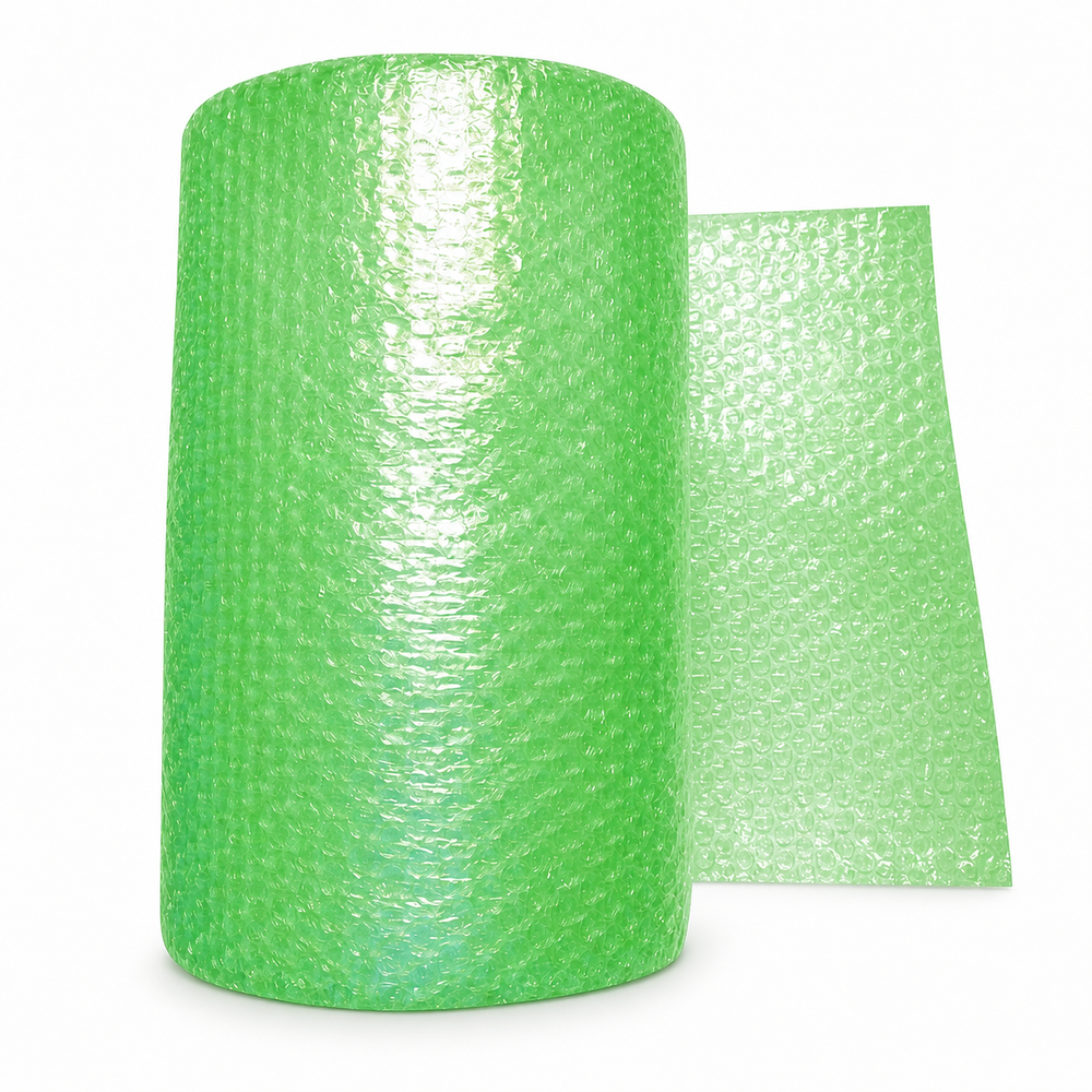A roll of bright green bubble wrap with a matching flat sheet partially unrolled, shown on a plain white background.