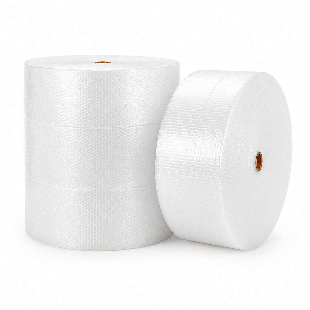 Two rolls of white bubble wrap tape, one standing upright and one leaning on the right, showing the textured adhesive tape surface and cardboard core.