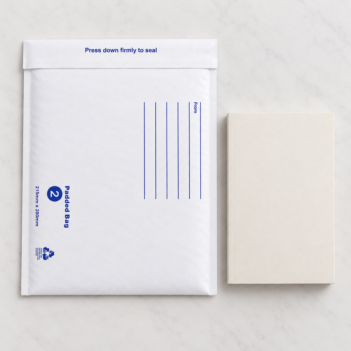 White kraft padded envelope 215 x 280mm printed - use pack