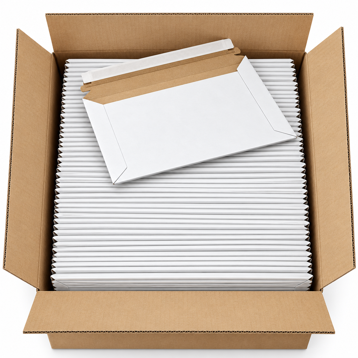 Pack of 100 white C4 rigid corrugated mailers arranged in a shipping carton