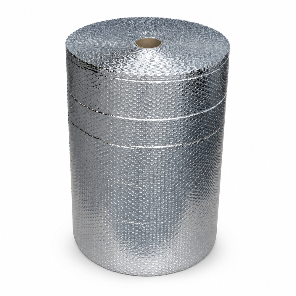 A roll of silver reflective bubble wrap insulation material, shown standing upright on a white background.