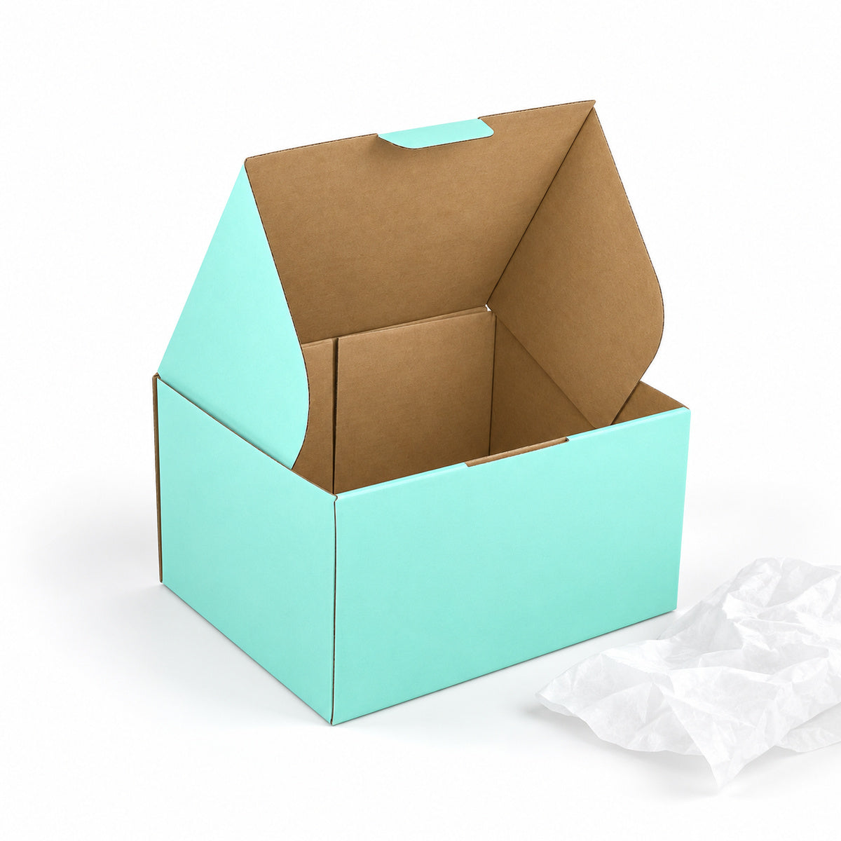 B343 230 x 180 x 130mm mint blue diecut mailing box – flatpack view