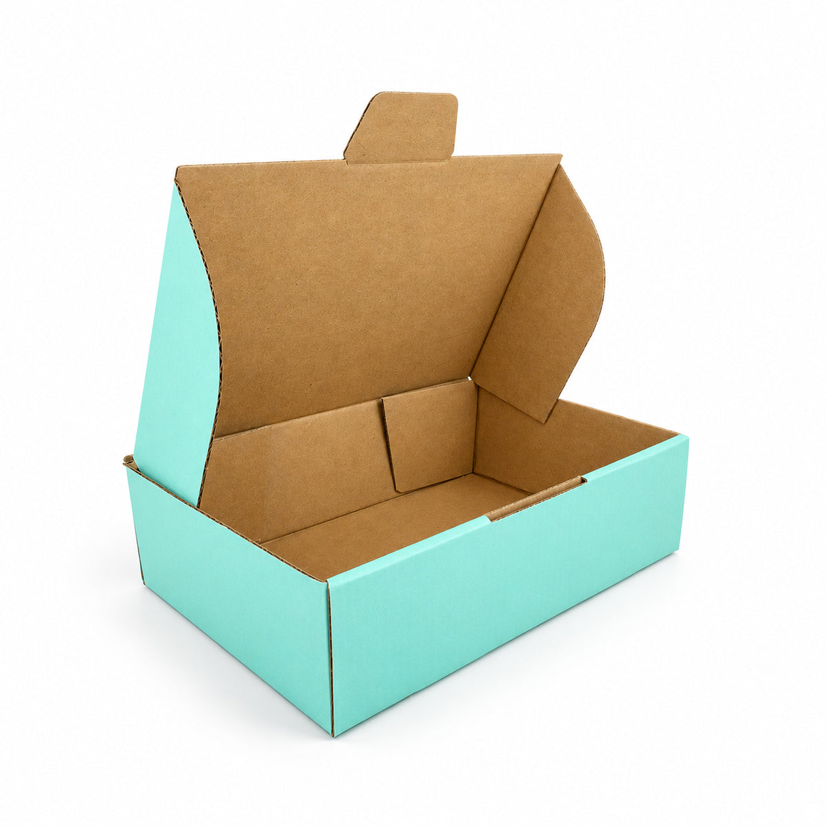 B372 210 x 140 x 60mm mint blue diecut mailing box – open alternate