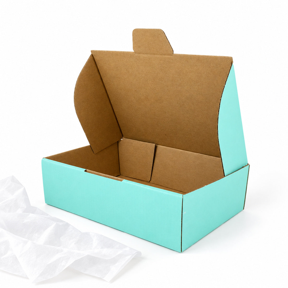 B372 210 x 140 x 60mm mint blue diecut mailing box – flatpack view