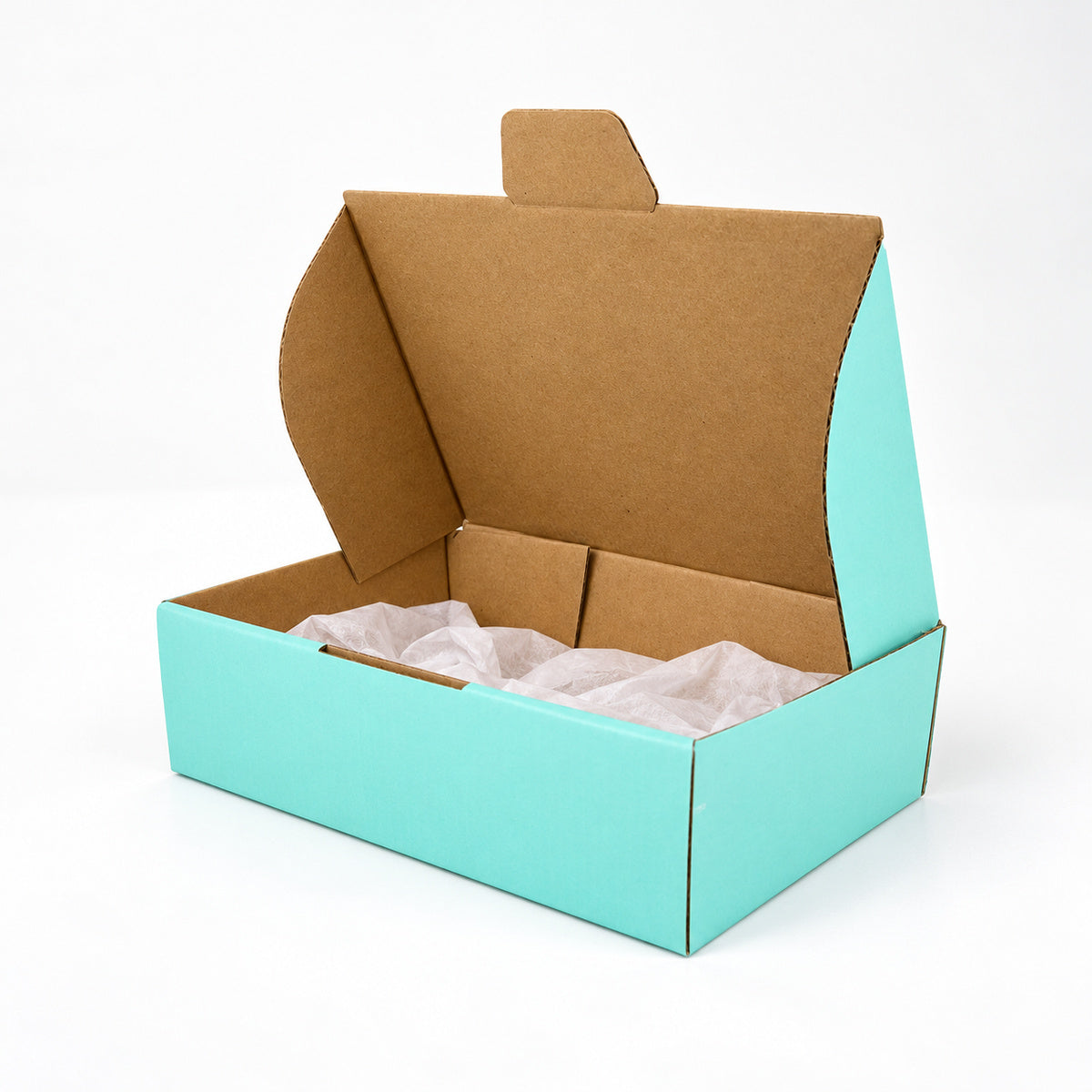 B372 210 x 140 x 60mm mint blue diecut mailing box – packing example