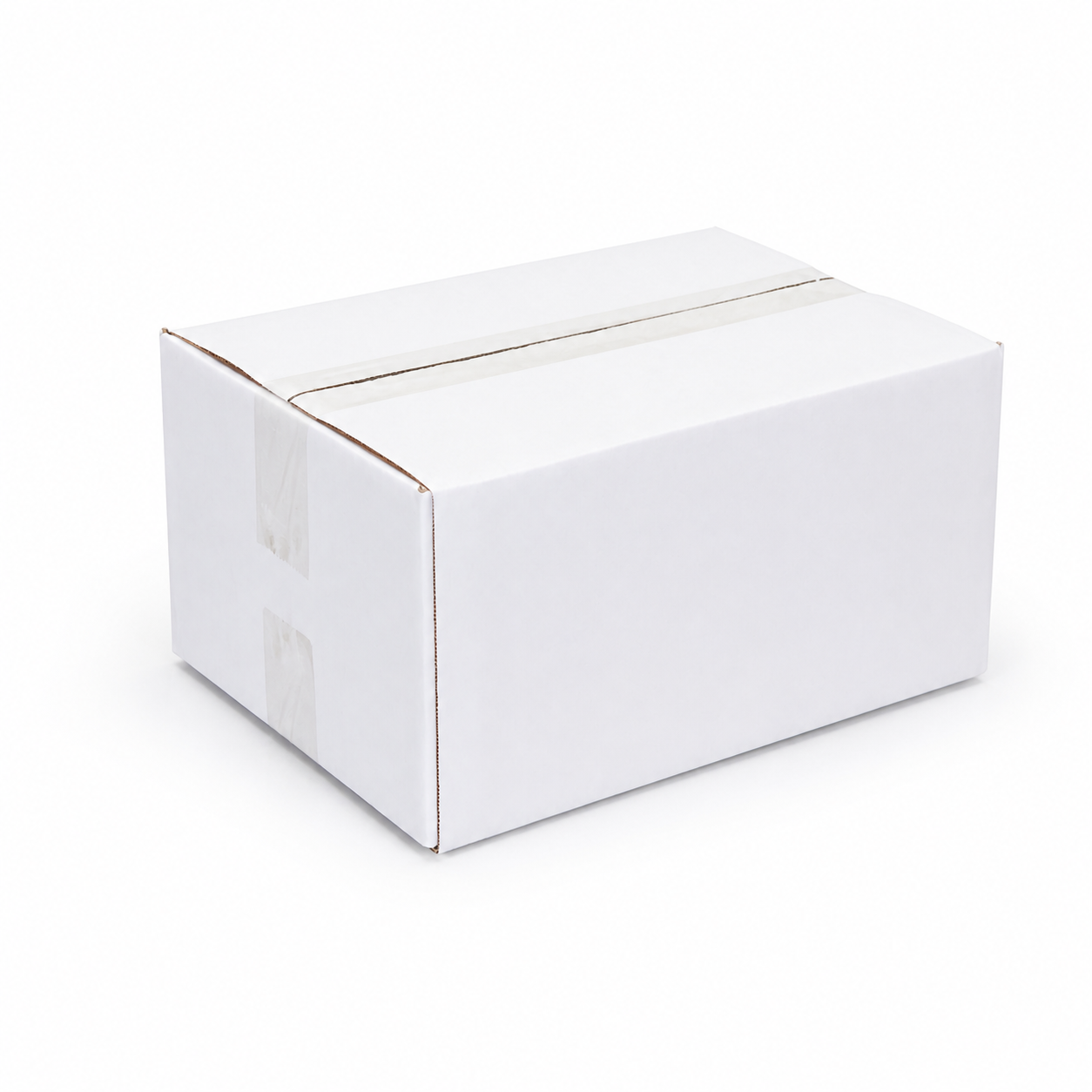 A plain white cardboard shipping box 320x240x160mm sealed with clear tape, photographed on a clean white background.