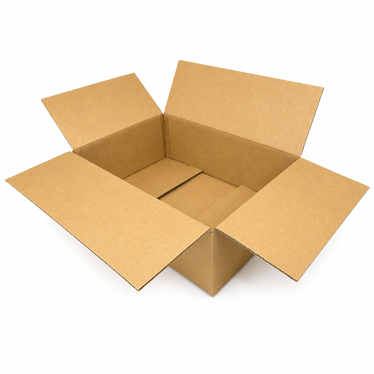An open brown cardboard box 390x280x140mm with all four flaps unfolded, photographed on a clean white background.