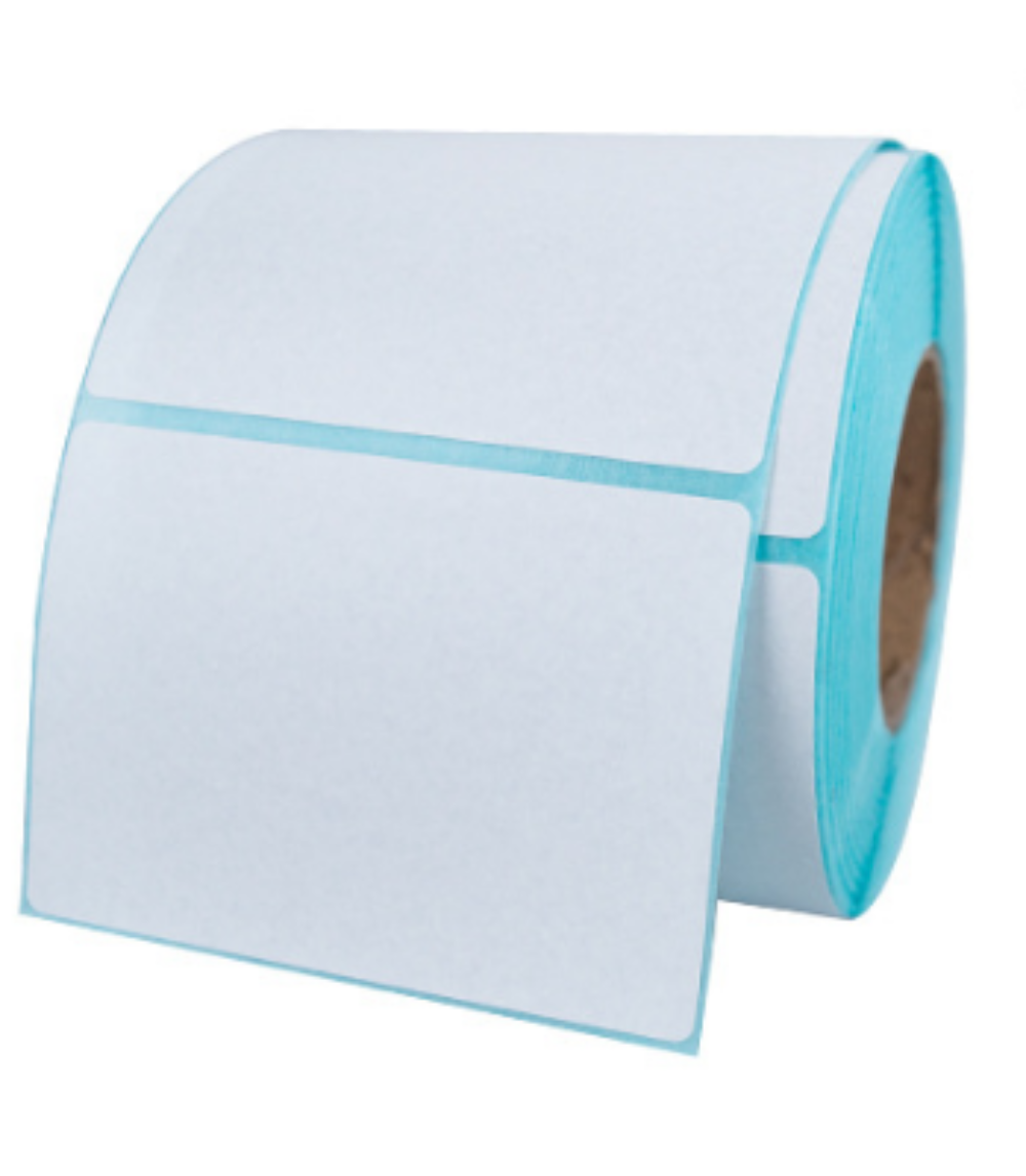 A roll of white direct thermal labels 100x50mm with a blue edge.