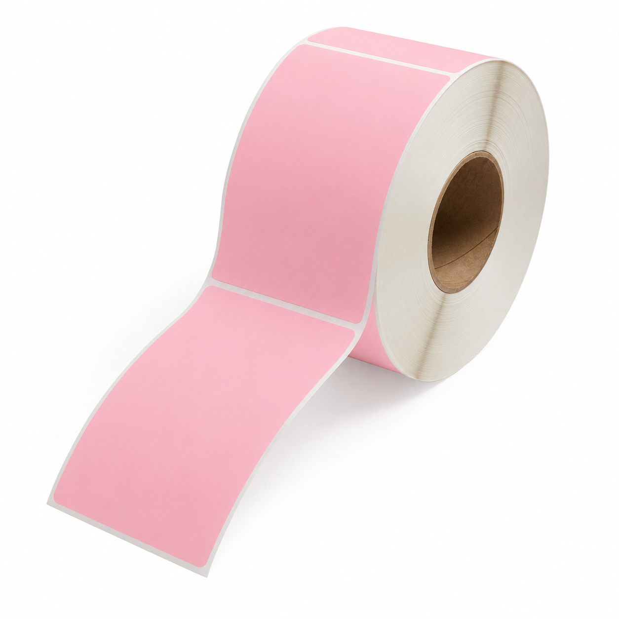 A roll of pink labels with white backing, partially unrolled to show the label sheets, on a clean white background.