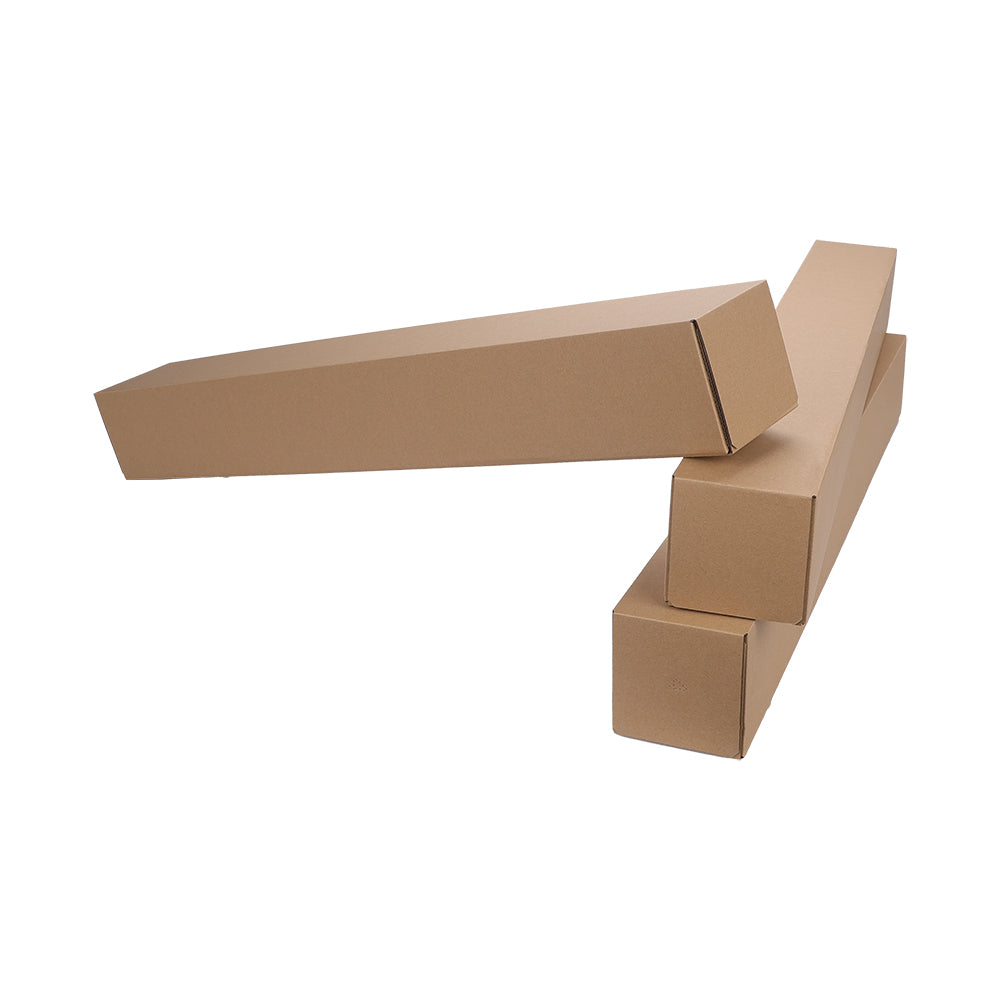 A long brown corrugated cardboard tube, unscored and flapped at one end.