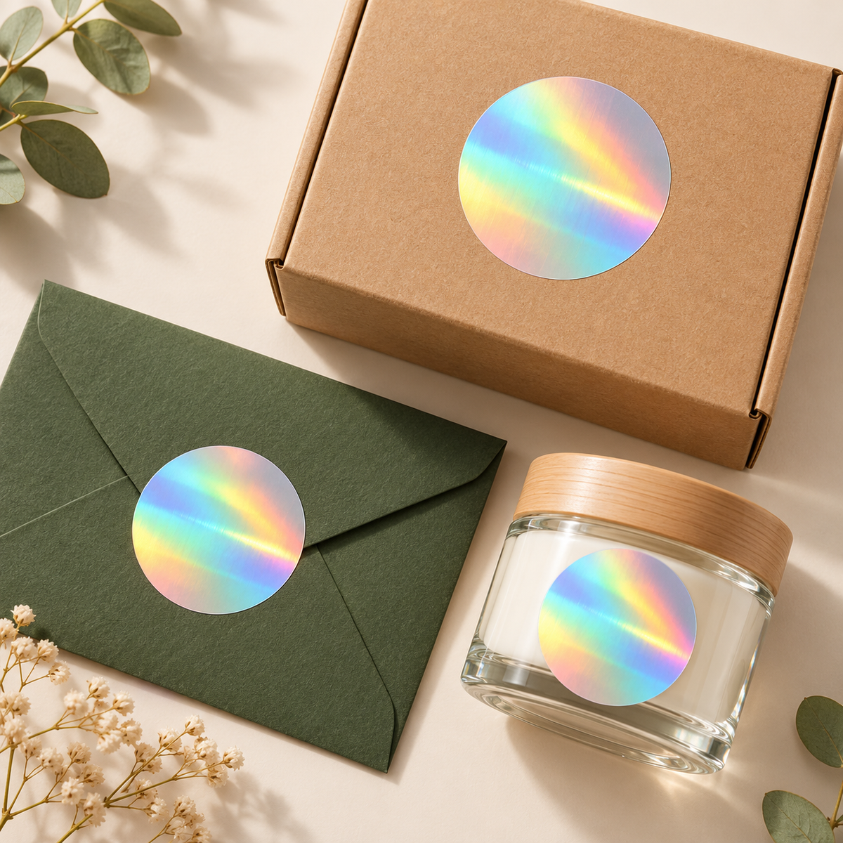 Blank 50 mm holographic round labels applied to a box, envelope and glass jar