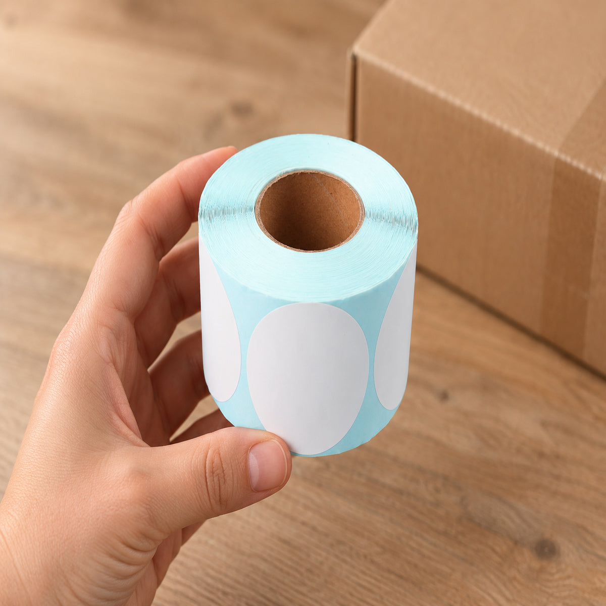 Direct Round Thermal Label 50 x 50mm 750 White Labels per Roll A257 x 16 Rolls - handling scene