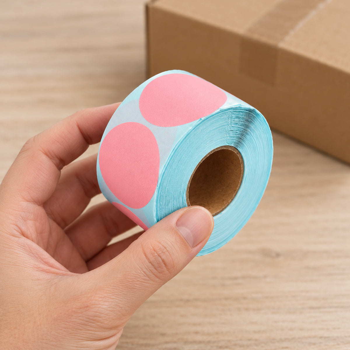Direct Thermal Label 50 x 50mm 750 Pink Labels per Roll A258 x 4 Rolls - handling scene