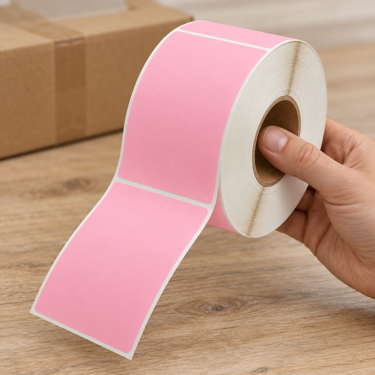 Pink Direct Thermal Labels 100 x 150mm 4-Pack (76mm Core / 4000 Labels - A280) - handling scene
