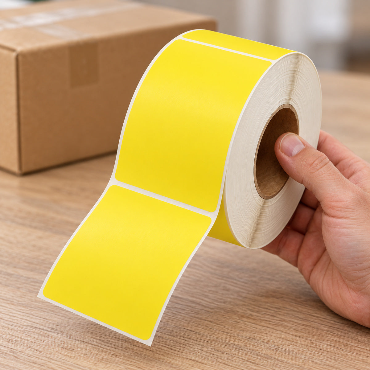 Yellow Direct Thermal Labels 100 x 150mm 4-Pack (76mm Core / 4000 Labels - A282) - handling scene