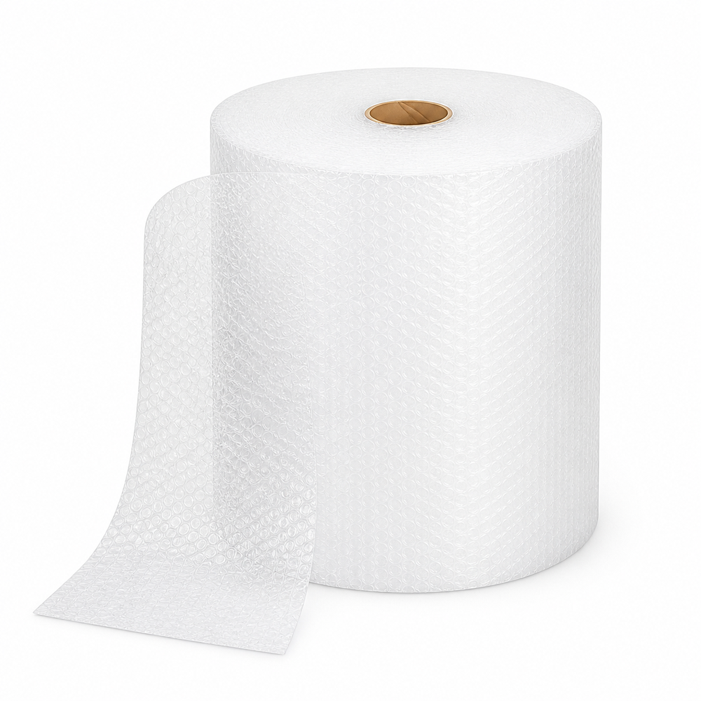 A roll of white bubble wrap tape with a textured honeycomb pattern, shown with a strip unrolled to the left on a clean white background.