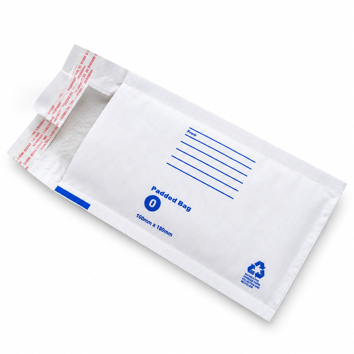 White kraft padded envelope 100 x 180mm printed - open