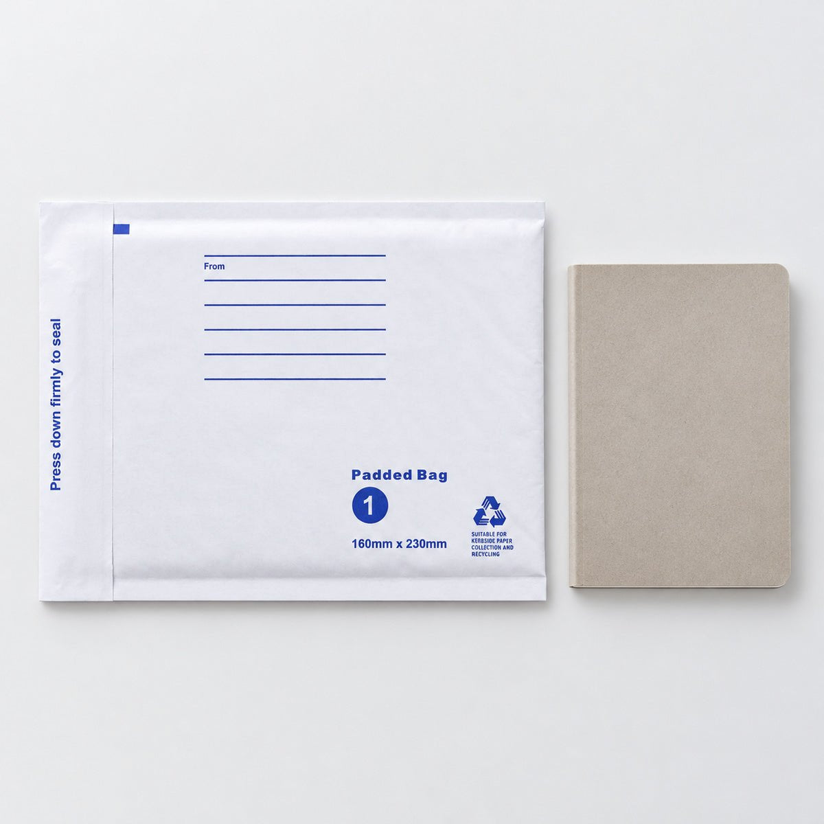 White kraft padded envelope 160 x 230mm printed - use pack