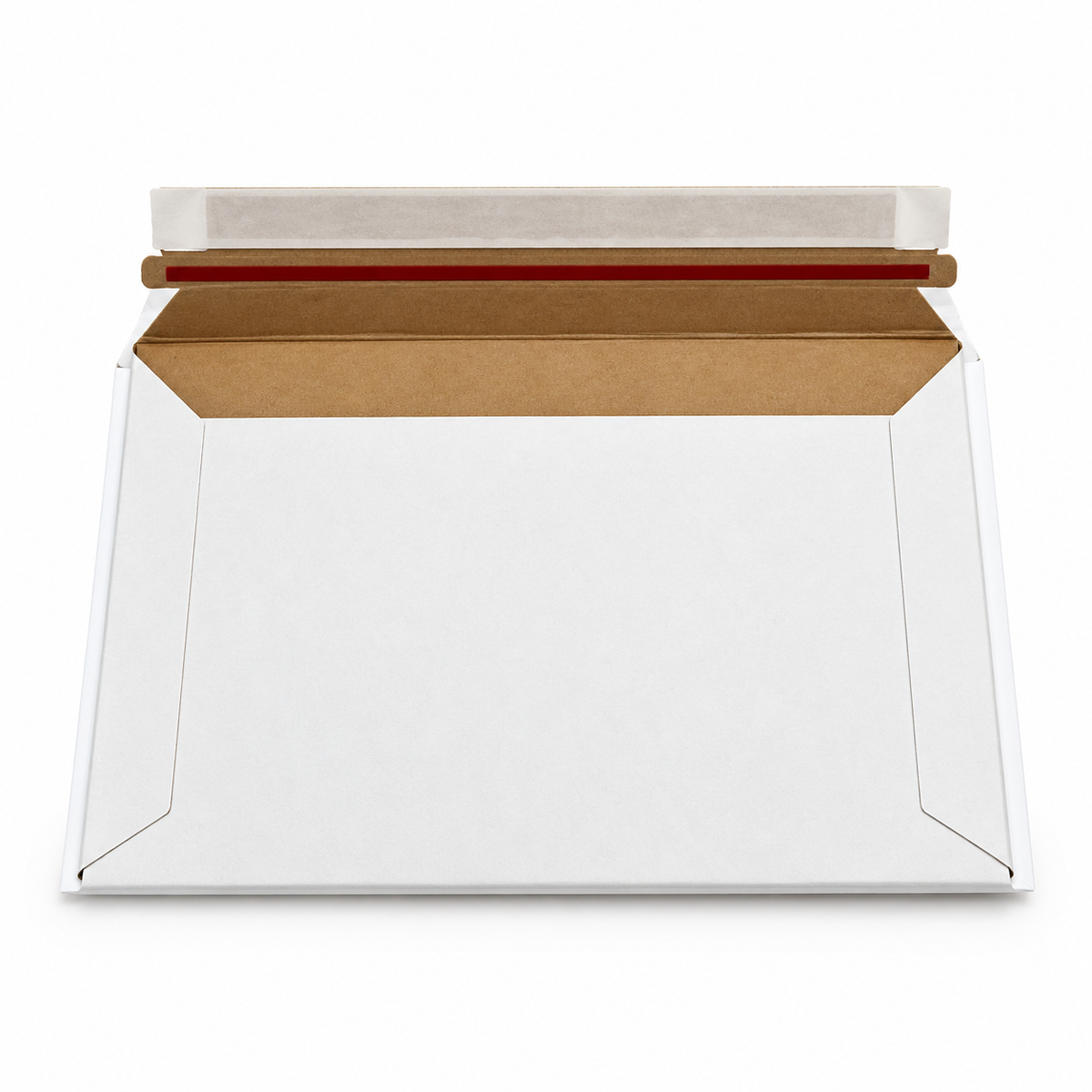 Open white C4 rigid corrugated mailer, 214 x 312 mm, showing red adhesive strip