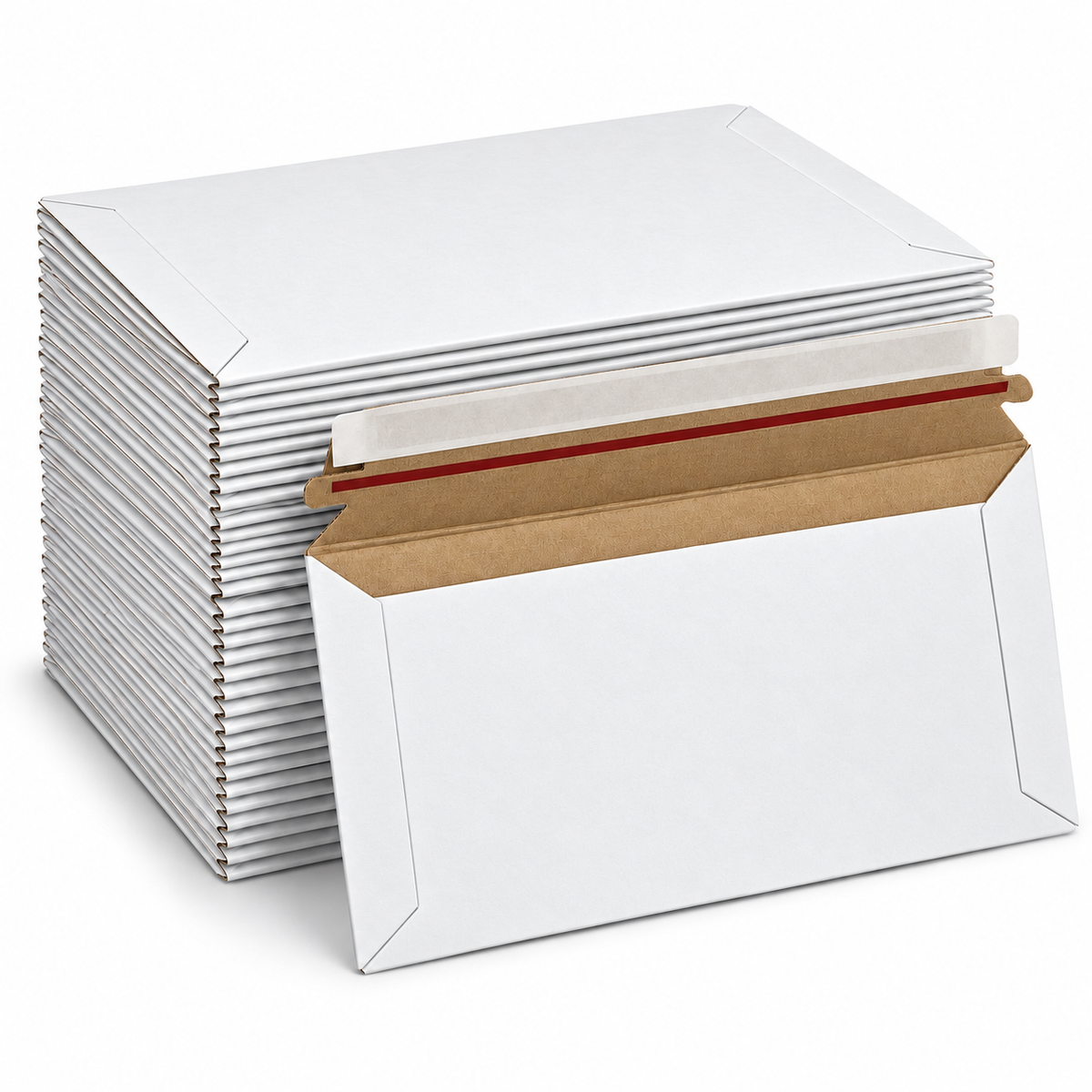 Pack of 100 white C4 rigid corrugated mailers, 214 x 312 mm, with red adhesive strip
