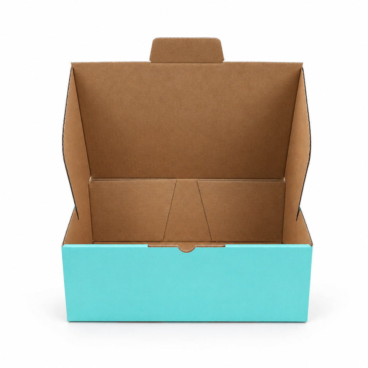 B334 220 x 160 x 77mm mint blue diecut mailing box – open alternate