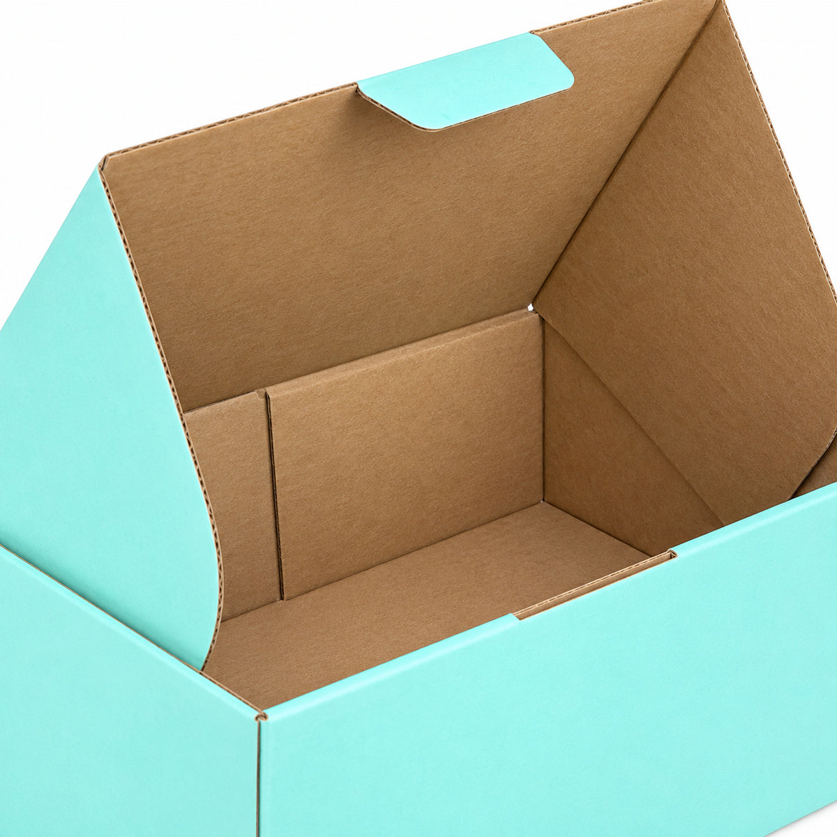 B345 270 x 160 x 120mm mint blue diecut mailing box – kraft interior detail