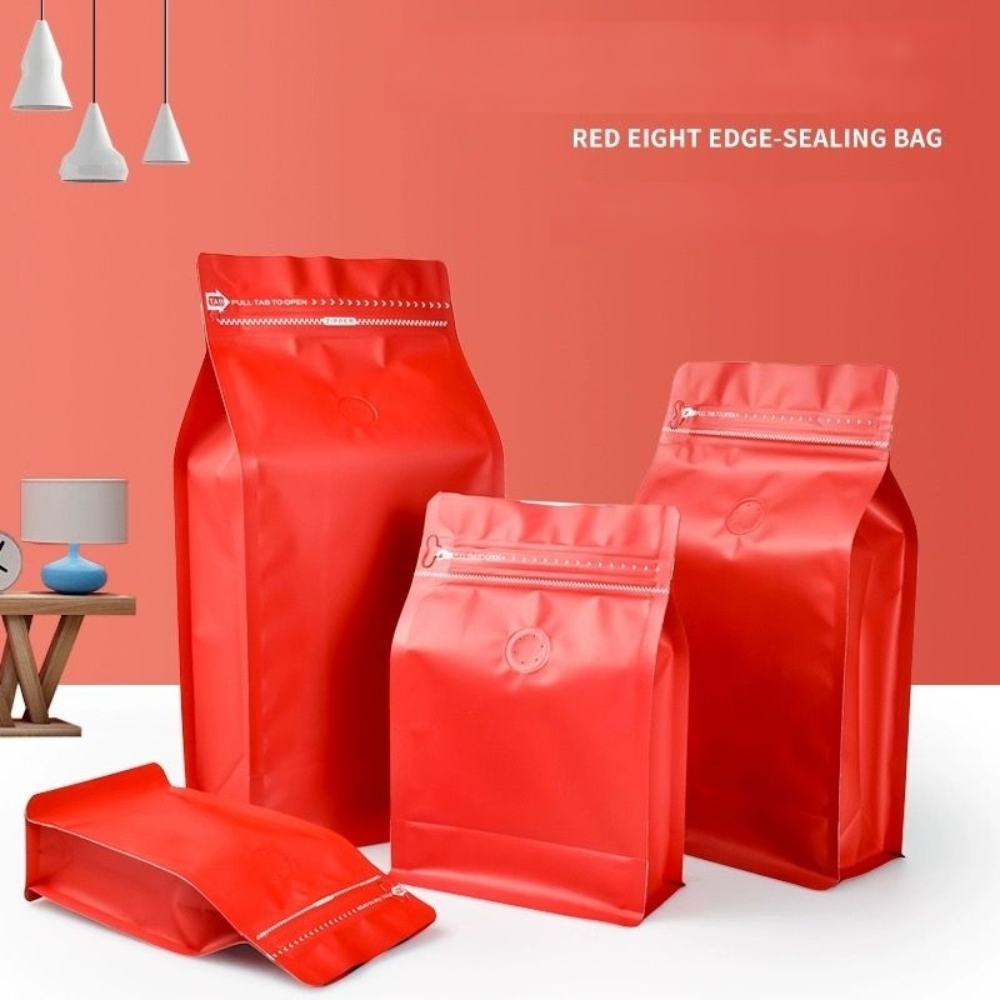 Red coffee bag with one-way degassing valve