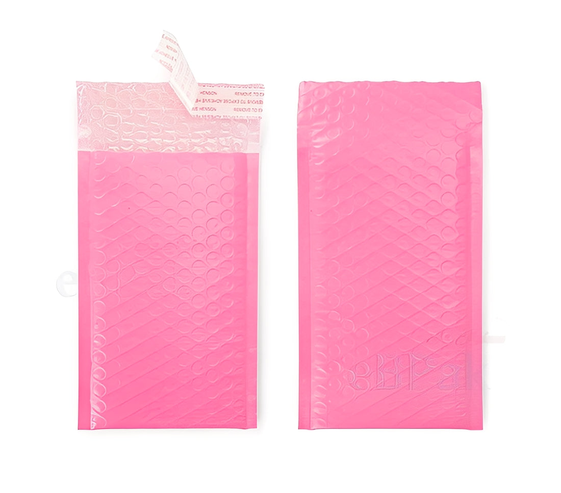 Two pink bubble mailers with white sealing strip on a white background