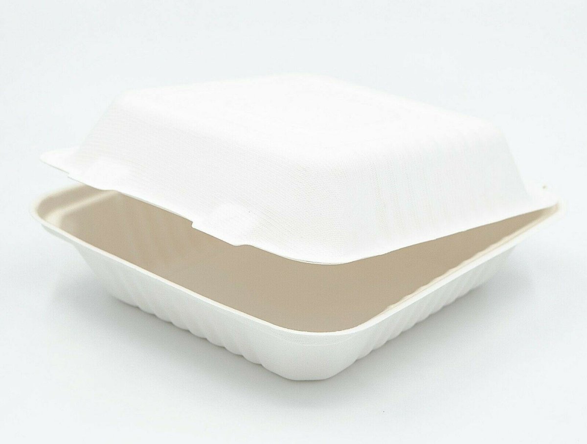 7.8 x 8 x 3" Sugarcane Clamshell Compostable Bagasse Takeaway Containers